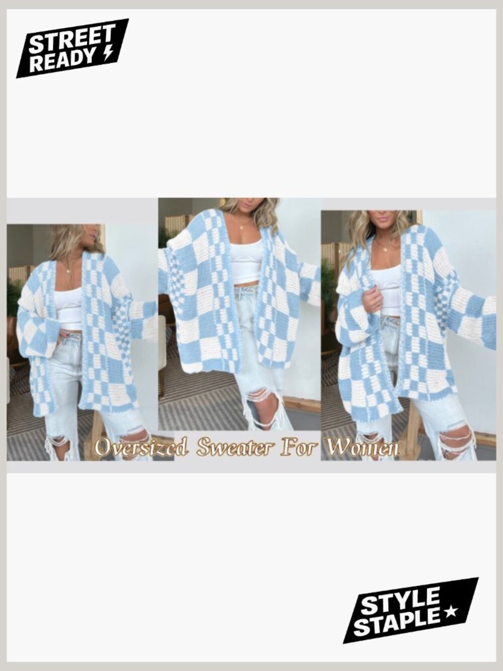 Casual Open Front Chunky Knit Cardigan Sweater Long Sleeve Checkered - Picture 7 of 7